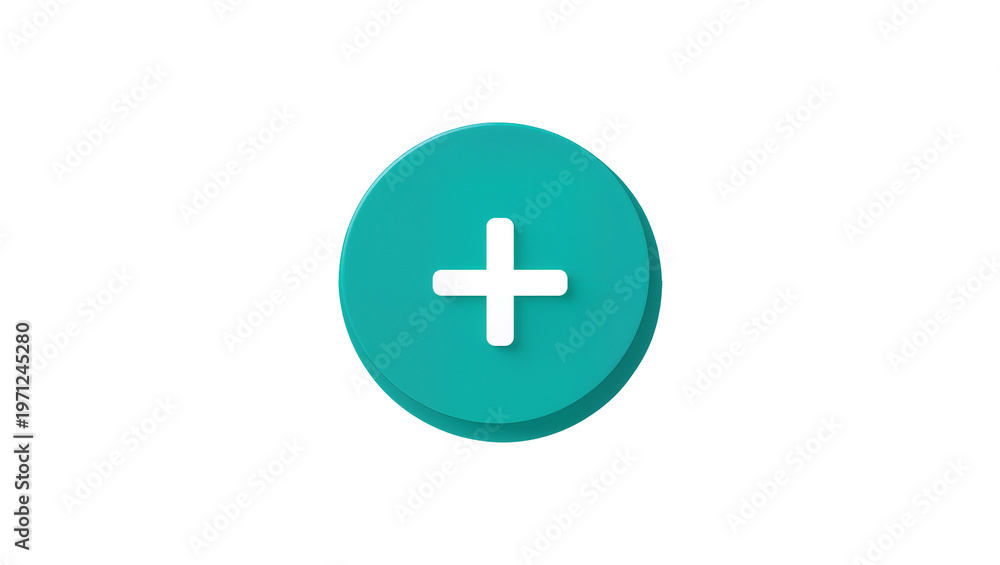 Fototapeta premium Teal circular button, displaying a centered plus sign icon