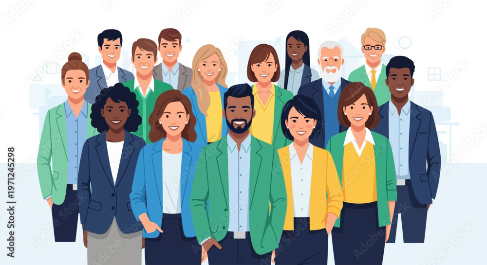 Obraz premium This flat design illustration captures a diverse group of smiling professionals, highlighting the importance of diversity and inclusion within the workforce on International Workers' Day.