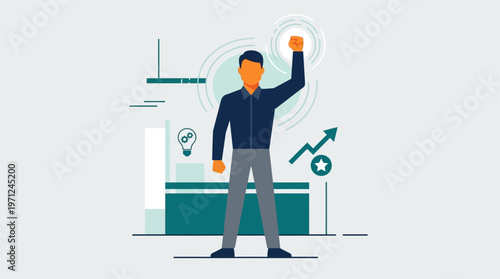 A flat design illustration portraying a worker standing strong with a raised arm, symbolizing individual and collective empowerment and strength for International Workers' Day.