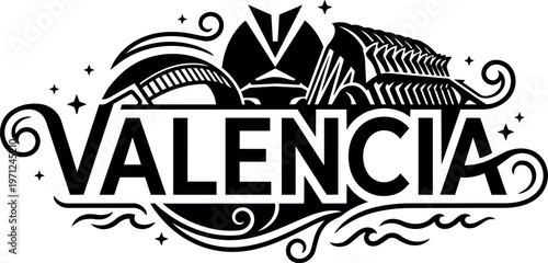 Black and white valencia lettering with iconic city landmarks vector art