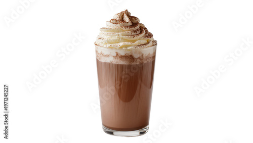 Quadro em tela Chocolate beverage in glass topped with whipped cream and cocoa powder