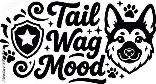 Black and white tail wag mood dog face with paw prints and star shield vector art