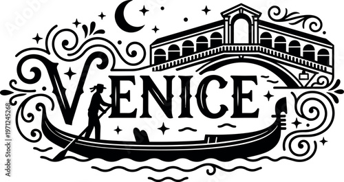 Black and white venice gondola under rialto bridge with moon and stars vector art