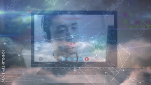 Animation of network of connections over business woman using phone headset