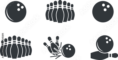 bowling icons set, bowling ball, pins strike, sports symbols, recreation game, skittles illustration, bowling alley concept, flat design graphics