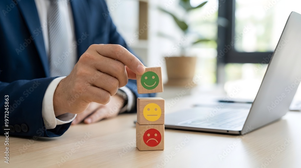 Fototapeta premium Businessman is carefully arranging wooden blocks with emoji faces, symbolizing the crucial assessment of customer satisfaction and overall service sentiment.