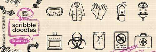 Hand Drawn House Cleaning and Sanitation Hygiene Doodle Icon Set with Broom Bucket Trash Soap and Wipe Tool Sketches for Domestic Housework Chores Vector EPS