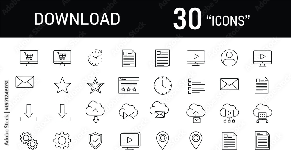 Fototapeta premium Collection of thirty blue outline vector web icons for user interface design, including cloud, mail, security, settings, and multimedia elements.