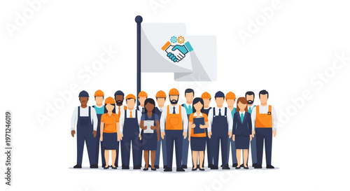A flat design illustration depicting a group of workers united under a stylized banner with an organization logo, symbolizing the power of worker unions and collective organization