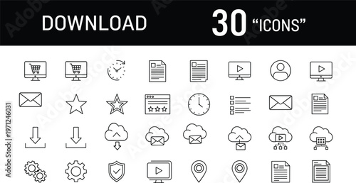 Collection of thirty blue outline vector web icons for user interface design, including cloud, mail, security, settings, and multimedia elements.