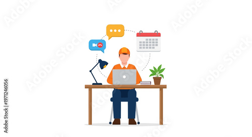 This flat design illustration shows a worker at a desk with elements like video calls and a plant, representing the future of work, including remote and flexible arrangements