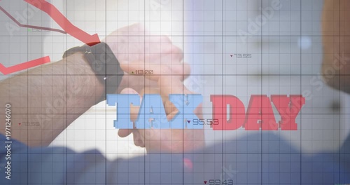 Animation of data processing over tax day text and caucasian businessman with smartwatch