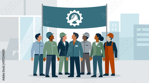 A flat design illustration depicting a group of workers united under a stylized banner with an organization logo, symbolizing the power of worker unions and collective organization