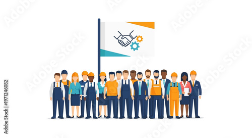A flat design illustration depicting a group of workers united under a stylized banner with an organization logo, symbolizing the power of worker unions and collective organization