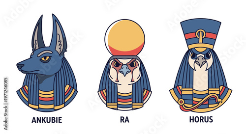 Egyptian Gods Anubis Ra Horus Statues.