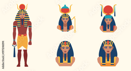 Egyptian pharaoh and royal symbols icons.
