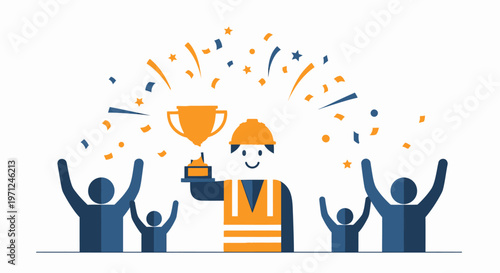 A flat design illustration depicting a worker proudly holding a trophy amidst confetti and cheering figures, symbolizing the celebration of worker achievements and recognition