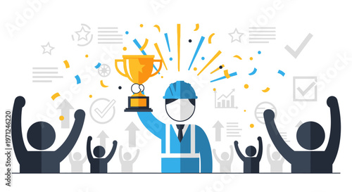A flat design illustration depicting a worker proudly holding a trophy amidst confetti and cheering figures, symbolizing the celebration of worker achievements and recognition