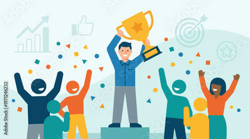 A flat design illustration depicting a worker proudly holding a trophy amidst confetti and cheering figures, symbolizing the celebration of worker achievements and recognition
