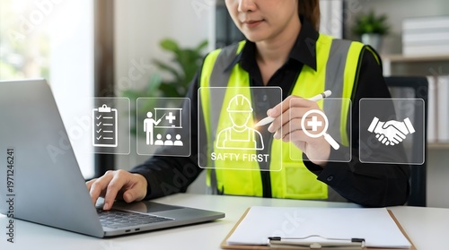 Safety officer reviewing workplace hazard protection dashboard with compliance, risk management, and industrial safety analysis
