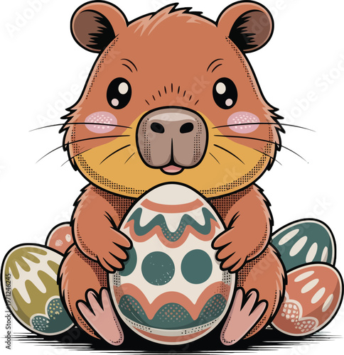 A cheerful cartoon furry creature, a playful beaver or groundhog, happily holds a vibrant decorated egg, surrounded by festive eggs, for spring holiday joy.