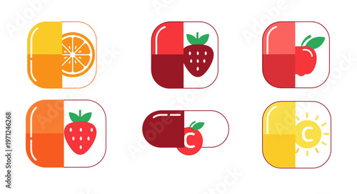 Vitamin C rich fruit icons set.