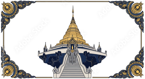 Abstract Colorful Modern Digital Art Vector Illustration of a Temple with Decorative Borders