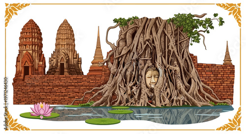 Digital art vector illustration of ancient Thai temples and Buddha head intertwined with tree roots, vibrant lotus flowers, and serene pond backdrop