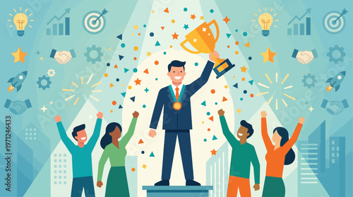 A flat design illustration depicting a worker proudly holding a trophy amidst confetti and cheering figures, symbolizing the celebration of worker achievements and recognition