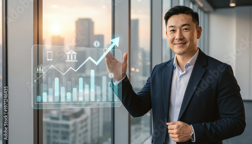 A confident businessman in a modern office presents a rising financial graph with icons representing banking, mobile, and currency.