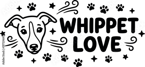 Whippet love text with dog face and paw prints black and white vector art
