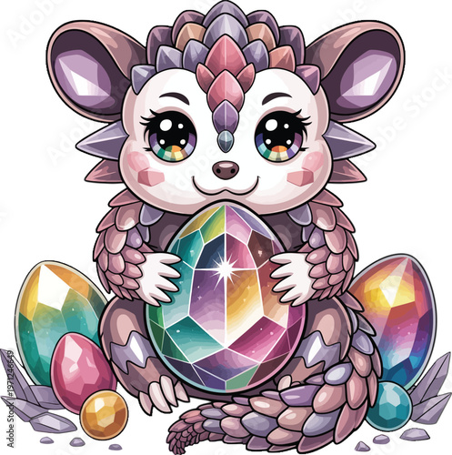 Adorable fantasy creature, a stylized pangolin, proudly holds a large shimmering rainbow gem egg, surrounded by smaller crystal treasures in a whimsical illustration.