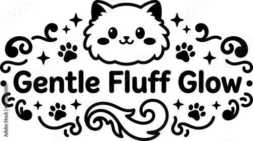 Black and white gentle fluff glow cat face with paw prints and decorative swirls vector art