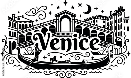 Venice gondola and rialto bridge silhouette black and white vector art