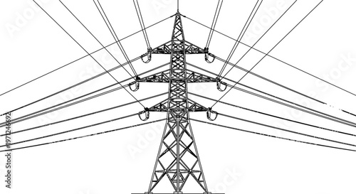 Detailed vector illustration of a high voltage power transmission tower with multiple wires and insulators