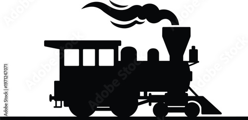 Black silhouette of a vintage steam locomotive train on a track