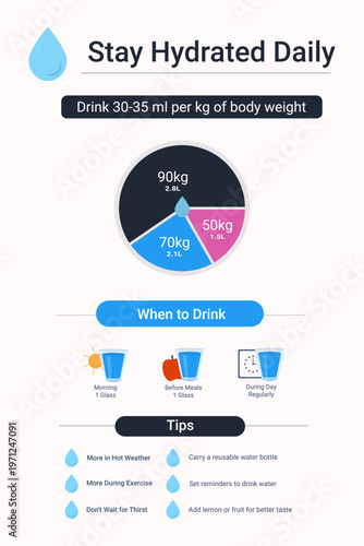 Daily water intake guide infographic with hydration tips and body weight calculations, flat vector illustration