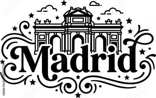 Madrid text with puerta de alcalá landmark and decorative stars vector art