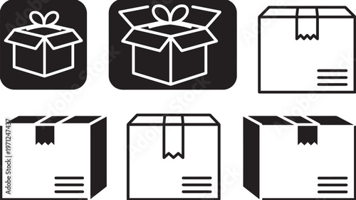 Collection of outline icons representing food packaging boxes and meal containers. Suitable for catering services, food delivery, takeaway, and meal preparation concepts.