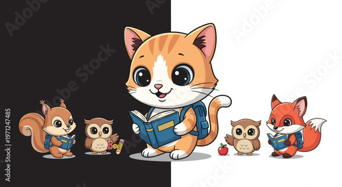 Cartoon animals with backpacks and books.