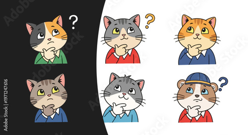 Thinking cat cartoon characters in various colors.
