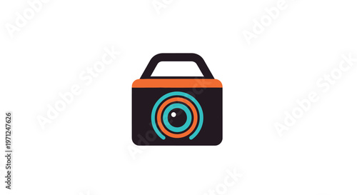 Abstract Camera Illustration with Unique Spiral Lens Design on a Plain White Background