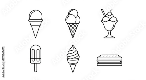 Variety of ice cream treats in simple line art style, perfect for summer.