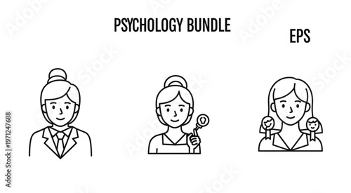 Psychology bundle featuring three line art illustrations of women with different expressions and symbols.