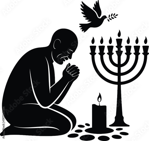 Person in humble prayer with traditional seven-branched candelabrum, lit candle, and peace dove. A spiritual silhouette illustration of devotion.