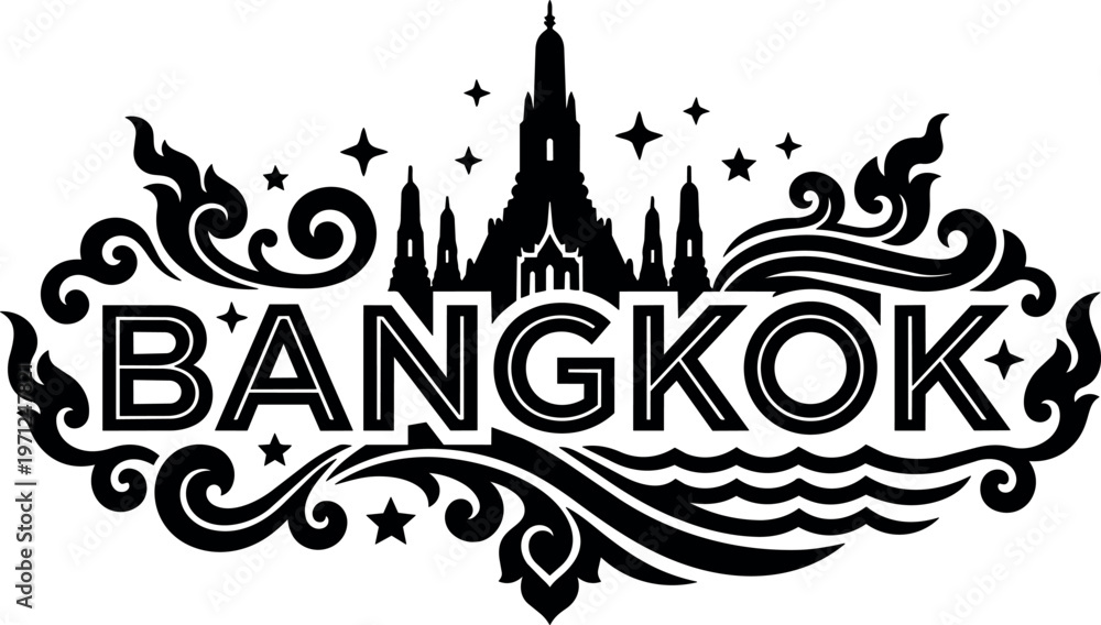 Fototapeta premium Bangkok landmark with ornamental waves and stars