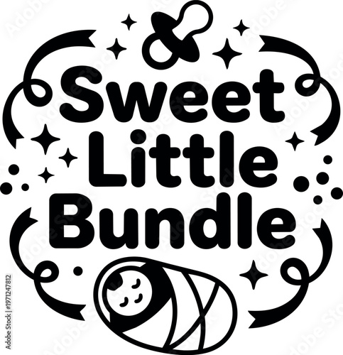 Black and white sweet little bundle lettering with baby pacifier and swaddled infant vector art