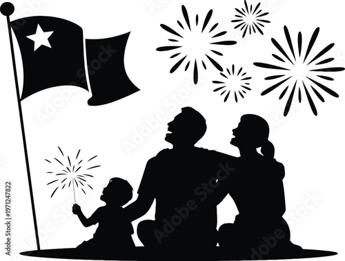 Silhouette illustration of a family celebrating outdoors, watching fireworks and holding a sparkler under a star-emblazoned flag at night.