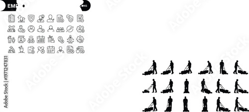 Man pushing lawn mower silhouette collection, professional gardener working with lawnmower equipment, backyard maintenance service, landscaping and grass cutting activities vector.