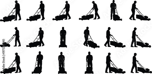 Lawn mower silhouette, man pushing grass cutter, gardening worker vector, landscape maintenance, yard care chore, multiple angles isolated background design.